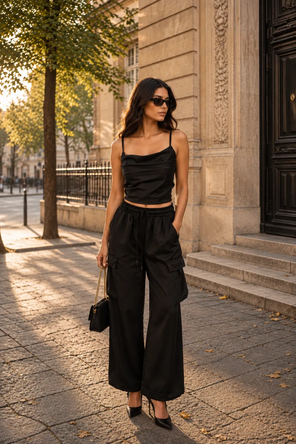 pantaloni cu buzunare Pantaloni cargo negri, cu picior larg și șnur în talie - imagine 1
