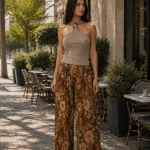 Pantaloni palazzo plisați, cu imprimeu floral în tonuri calde