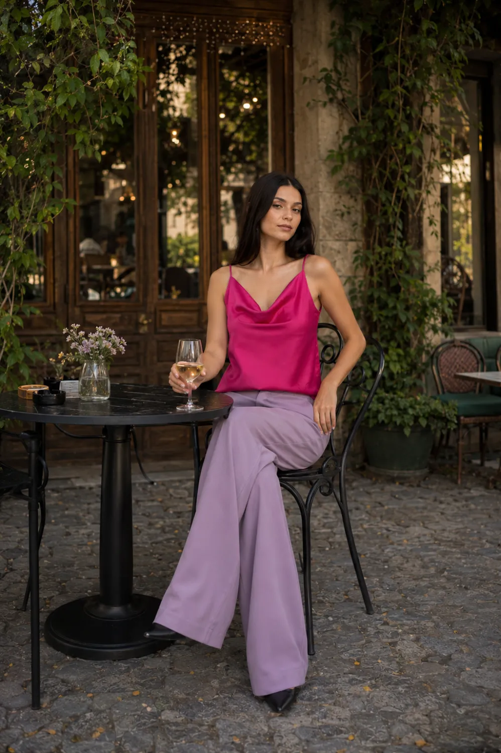 pantlila si maieu Top fucsia cu decolteu drapat și bretele fine - imagine 1