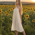 Rochie midi crem plisată, cu bretele încrucișate la decolteu