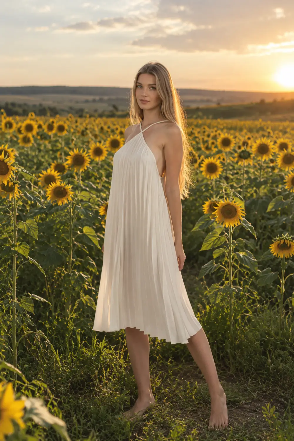 rochie alba plisata Rochie midi crem plisată, cu bretele încrucișate la decolteu - imagine 1