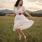Rochie albă cu broderie florală ajurată și mâneci bufante