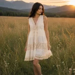 Rochie scurtă ivoire, cu dantelă, ciucuri și franjuri