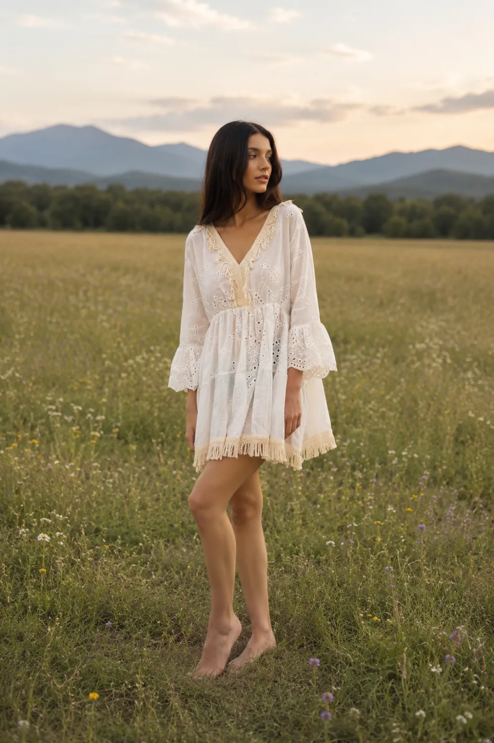 rochie bbc2 Rochie albă boho, cu broderie ajurată și franjuri - imagine 1