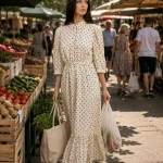 Rochie-cămașă crem cu buline negre și volan la tiv