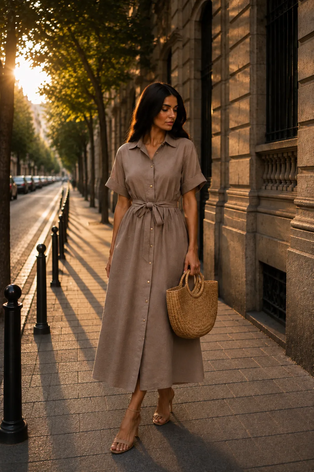 rochie camas dark nude Rochie-cămașă taupe, cu cordon și textură discretă - imagine 1
