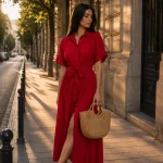 Rochie-cămașă lungă roșie, cu mâneci scurte și cordon