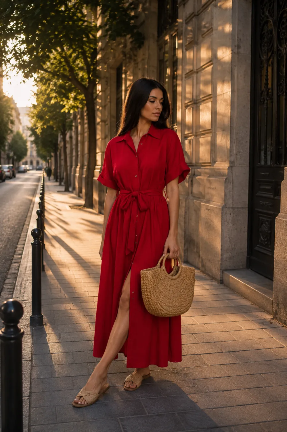 rochie camasa in simpla rosie Rochie-cămașă lungă roșie, cu mâneci scurte și cordon - imagine 1