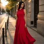 Rochie-cămașă maxi roșie, fără mâneci