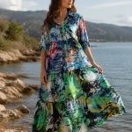 Rochie-cămașă lungă, cu imprimeu abstract multicolor