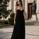 Rochie maxi neagră cu bust drapat și bretele subțiri