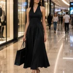 Rochie midi neagră satinată, cu decolteu halter