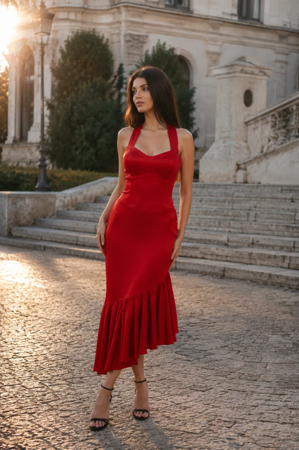 rochie rosie latino Rochie midi roșie, cu bretele halter și volan asimetric - imagine 1