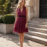 Rochie scurtă fucsia cu imprimeu leopard și fustă plisată