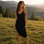 Rochie midi neagră cu decolteu rotund și bretele legate pe umeri