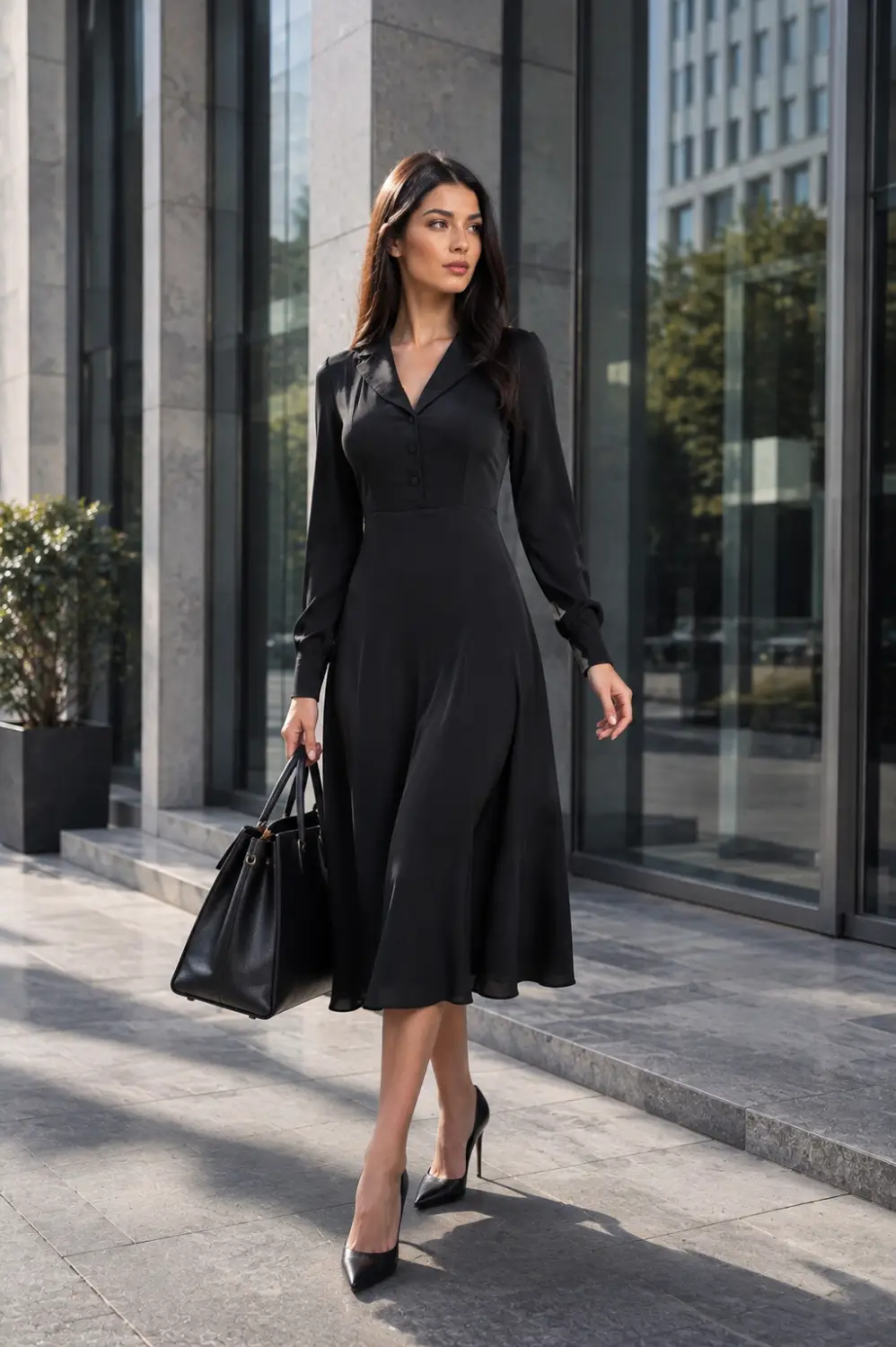rochie simpla office Rochie midi neagră cu guler cu revere și mâneci lungi - imagine 1