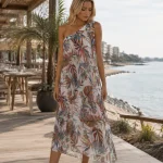 Rochie midi pe un umăr, cu imprimeu vegetal multicolor