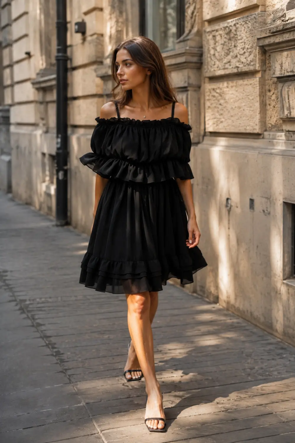 rochie voal scurta Rochie neagră scurtă, cu bretele subțiri și volane - imagine 1