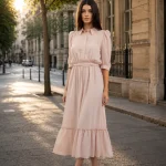 Rochie-cămașă midi roz pudrat, cu volan la tiv