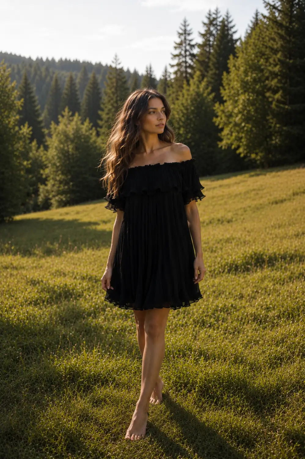 rochita neagra plisata Rochie neagră scurtă plisată, cu umerii goi și volan - imagine 1