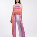 Pantaloni palazzo plisați, multicolori, în nuanțe de roz și lila