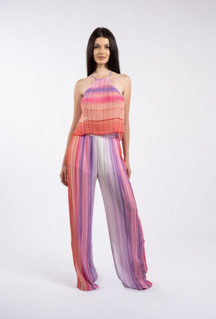Pantaloni palazzo plisați, multicolori, în nuanțe de roz și lila - imagine 4