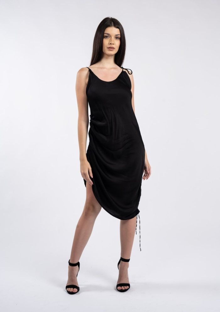 Rochie midi neagră cu decolteu rotund și bretele legate pe umeri - imagine 4
