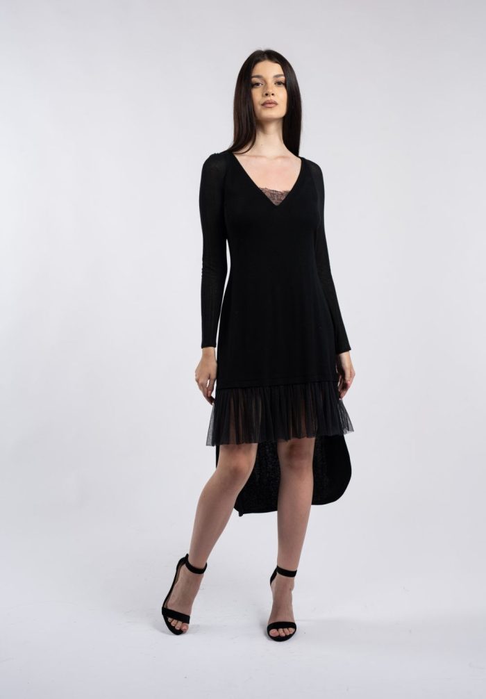 Rochie neagră asimetrică, cu detaliu de dantelă și volan transparent - imagine 3