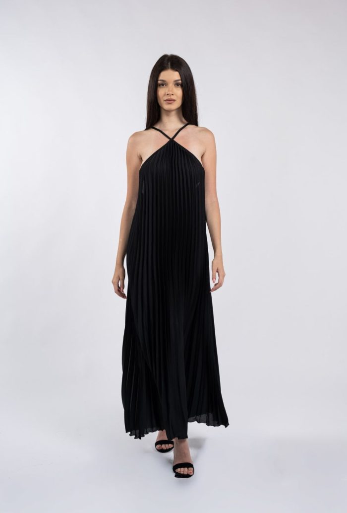 Rochie maxi neagră plisată, cu bretele încrucișate la decolteu - imagine 2