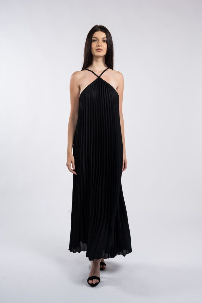 Rochie maxi neagră plisată, cu bretele încrucișate la decolteu - imagine 3