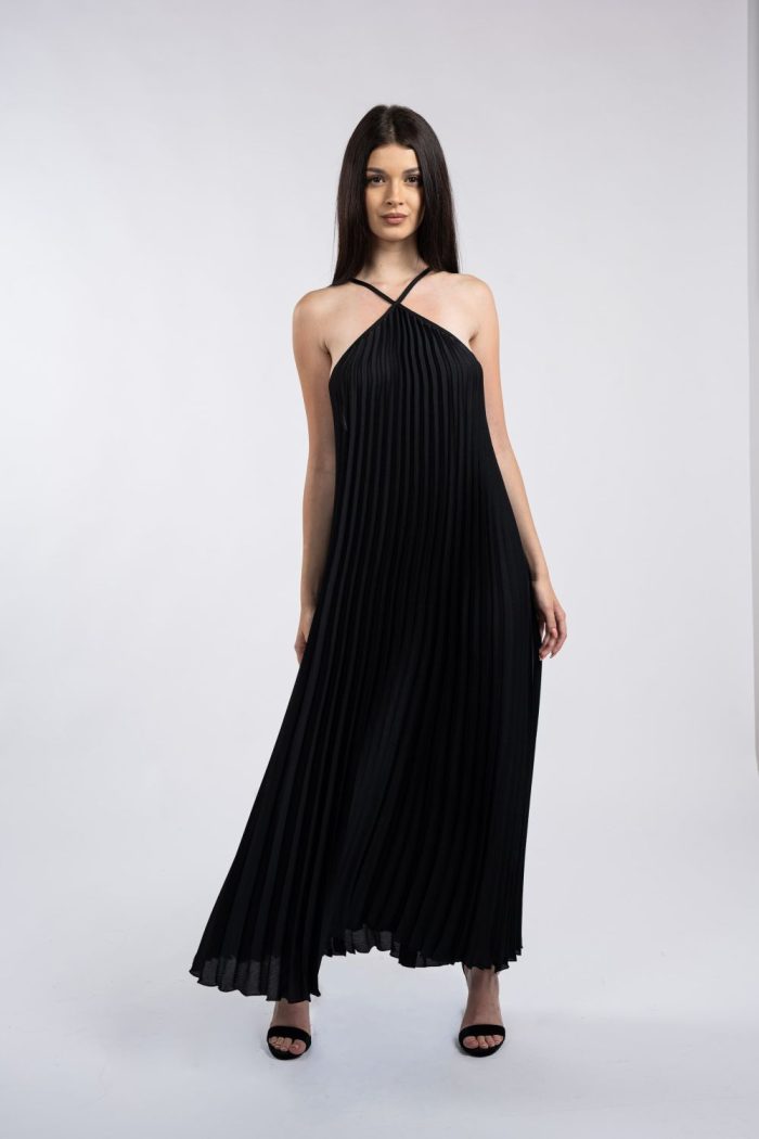 Rochie maxi neagră plisată, cu bretele încrucișate la decolteu - imagine 4