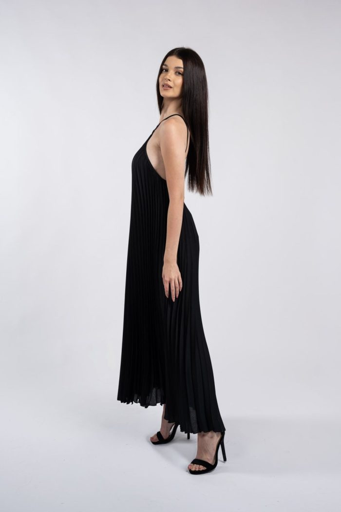 Rochie maxi neagră plisată, cu bretele încrucișate la decolteu - imagine 5