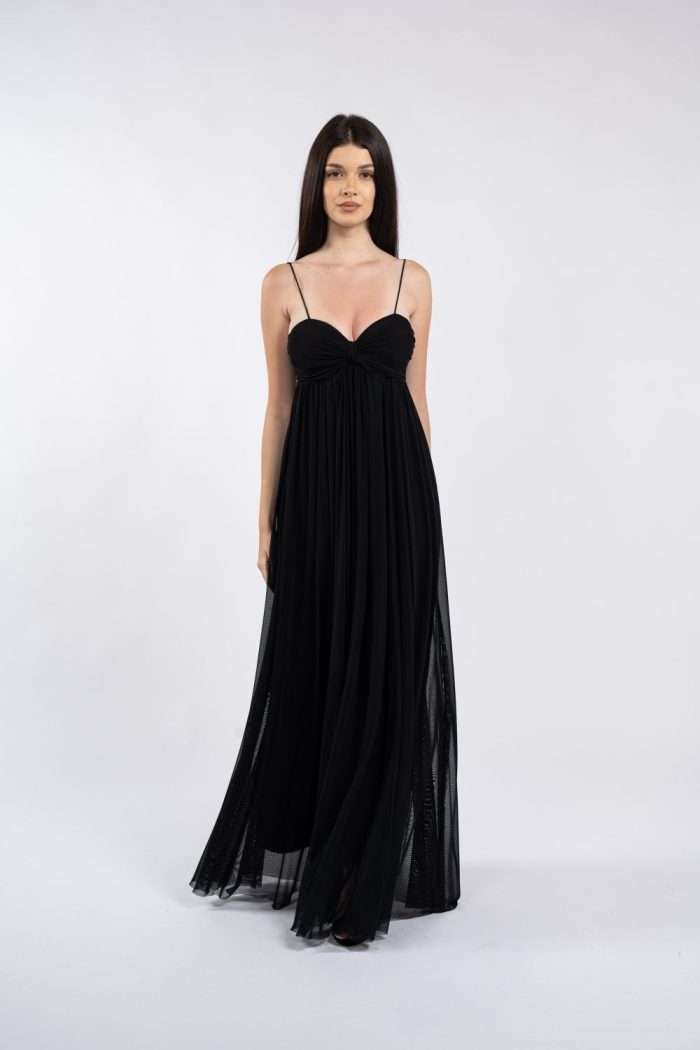 Rochie maxi neagră cu bust drapat și bretele subțiri - imagine 2