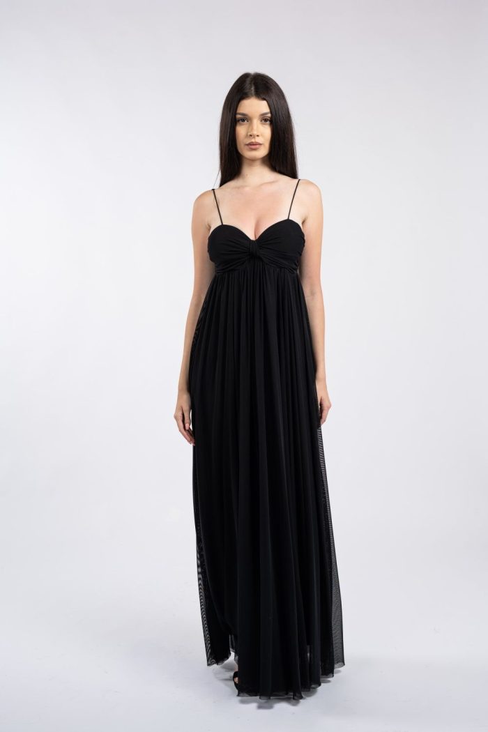 Rochie maxi neagră cu bust drapat și bretele subțiri - imagine 3