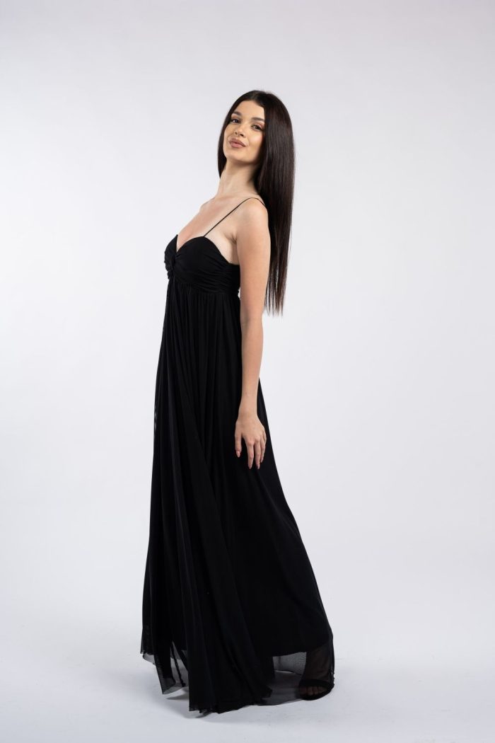 Rochie maxi neagră cu bust drapat și bretele subțiri - imagine 4