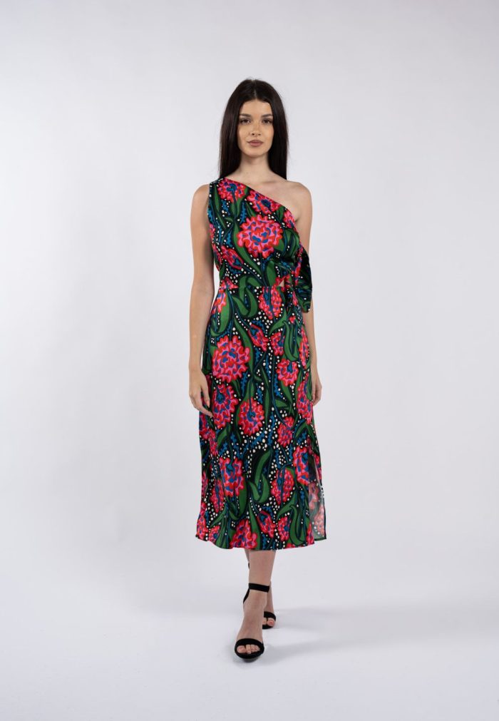 Rochie midi pe un umăr, cu imprimeu floral multicolor - imagine 2
