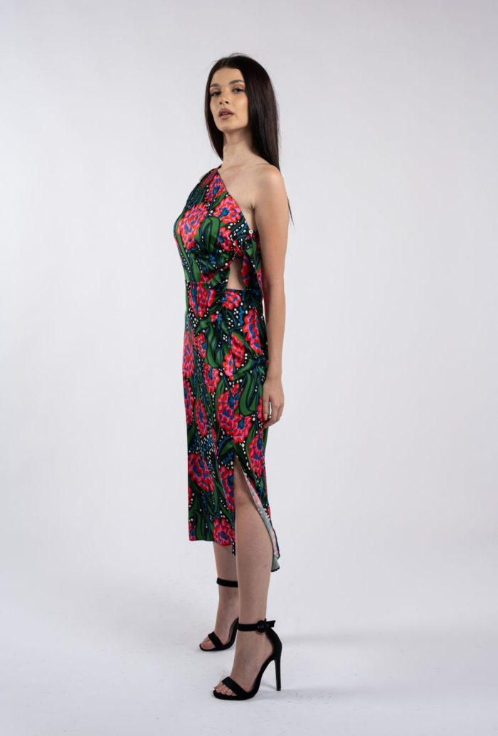 Rochie midi pe un umăr, cu imprimeu floral multicolor - imagine 3