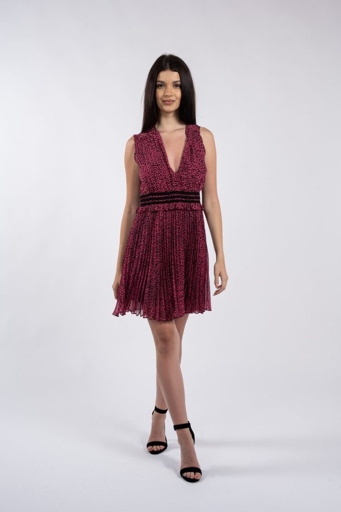 Rochie scurtă fucsia cu imprimeu leopard și fustă plisată - imagine 2