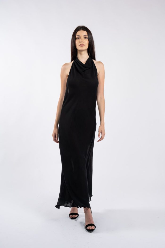 Rochie lungă neagră cu decolteu halter drapat - imagine 2