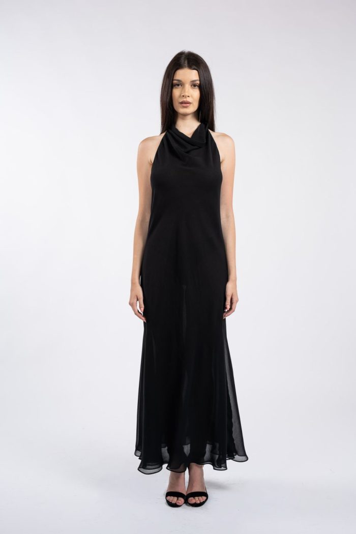 Rochie lungă neagră cu decolteu halter drapat - imagine 3