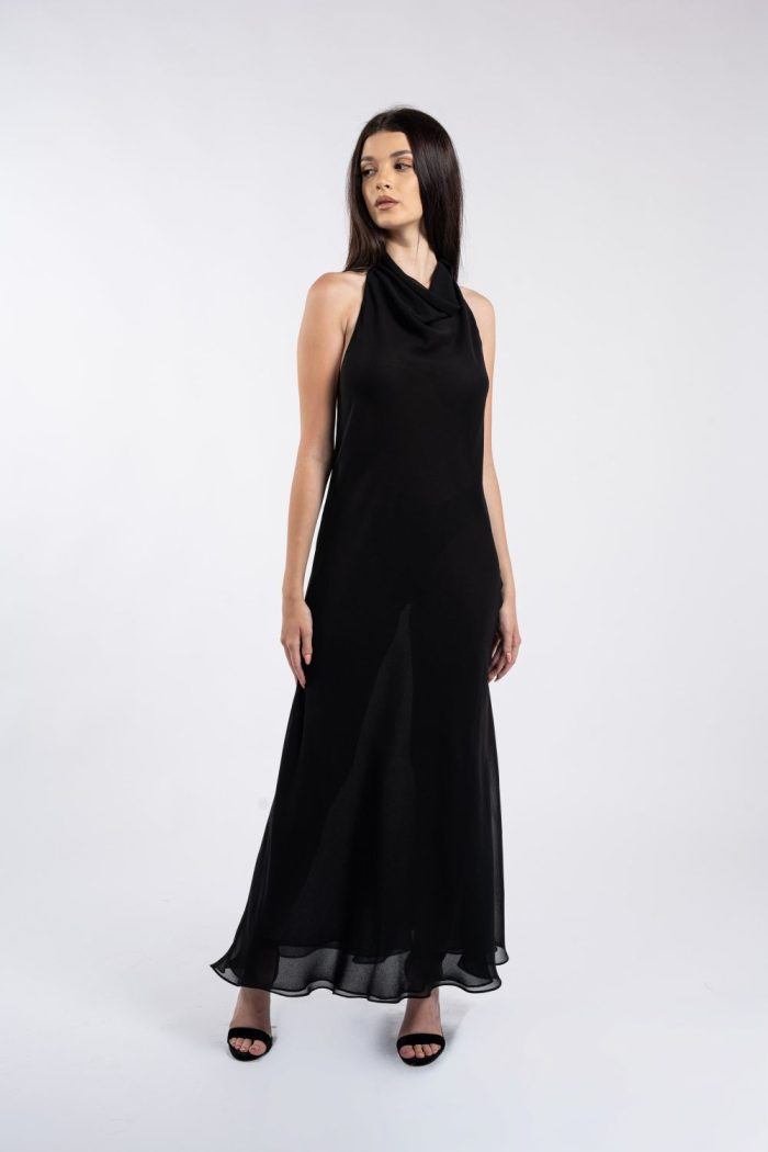 Rochie lungă neagră cu decolteu halter drapat - imagine 4