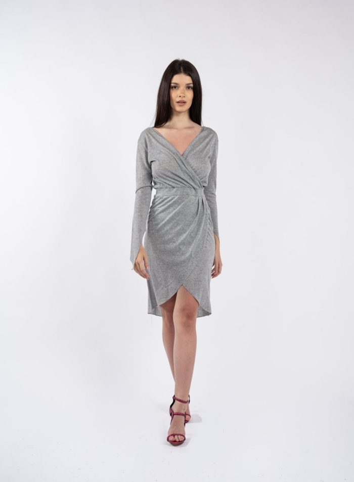 Rochie gri-argintie cu efect petrecut și mâneci lungi - imagine 2