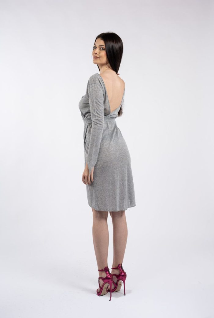 Rochie gri-argintie cu efect petrecut și mâneci lungi - imagine 3