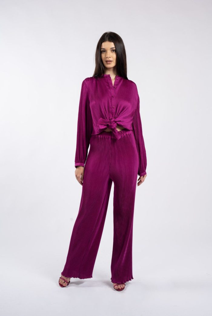 Pantaloni magenta plisați, cu croială largă și talie elastică - imagine 2