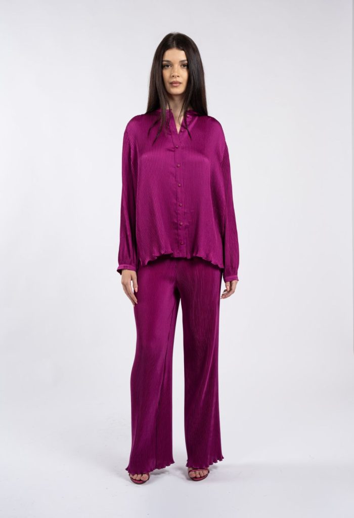 Pantaloni magenta plisați, cu croială largă și talie elastică - imagine 5