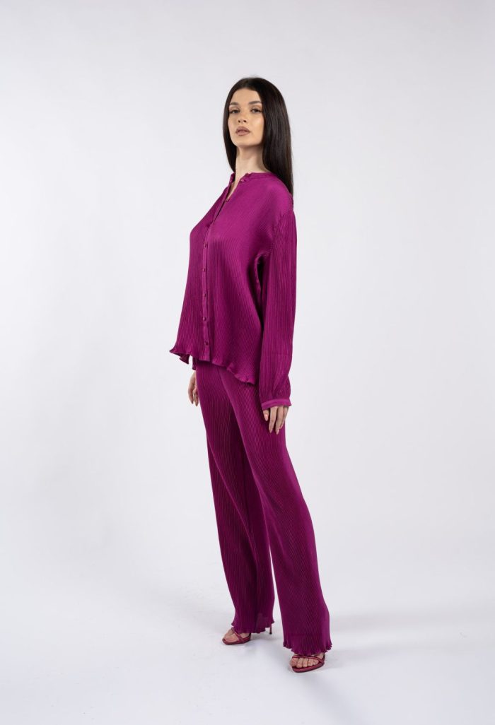 Pantaloni magenta plisați, cu croială largă și talie elastică - imagine 4