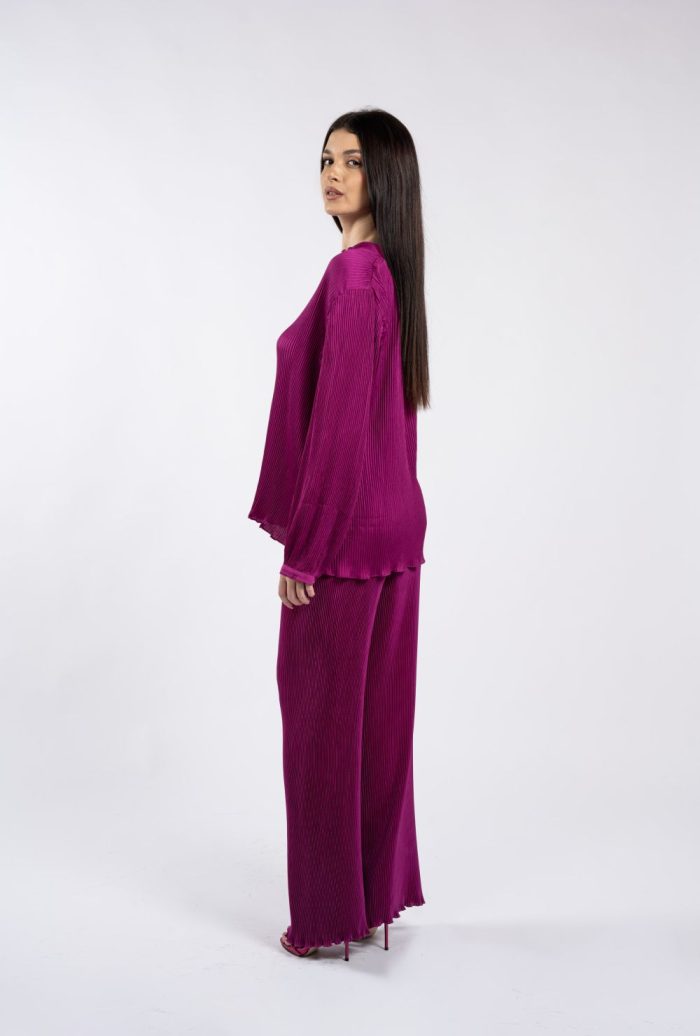 Pantaloni magenta plisați, cu croială largă și talie elastică - imagine 3