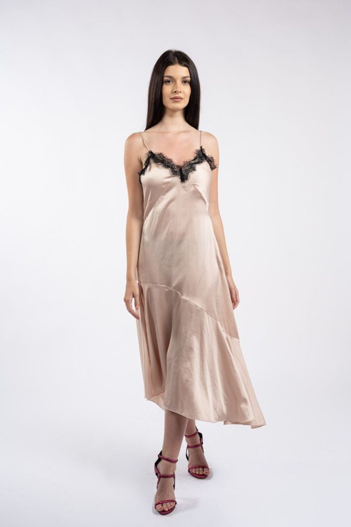 Rochie midi champagne cu aspect satinat și dantelă neagră - imagine 2