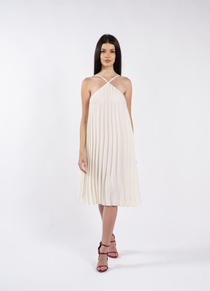 Rochie midi crem plisată, cu bretele încrucișate la decolteu - imagine 2