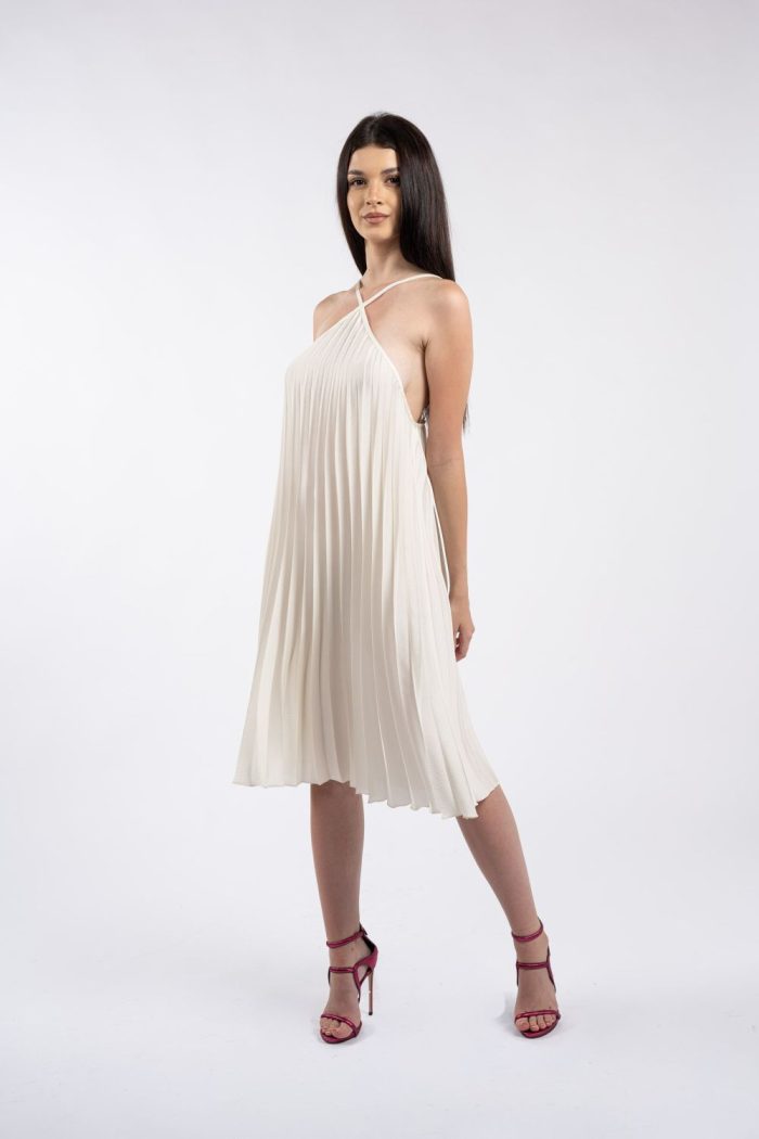 Rochie midi crem plisată, cu bretele încrucișate la decolteu - imagine 3